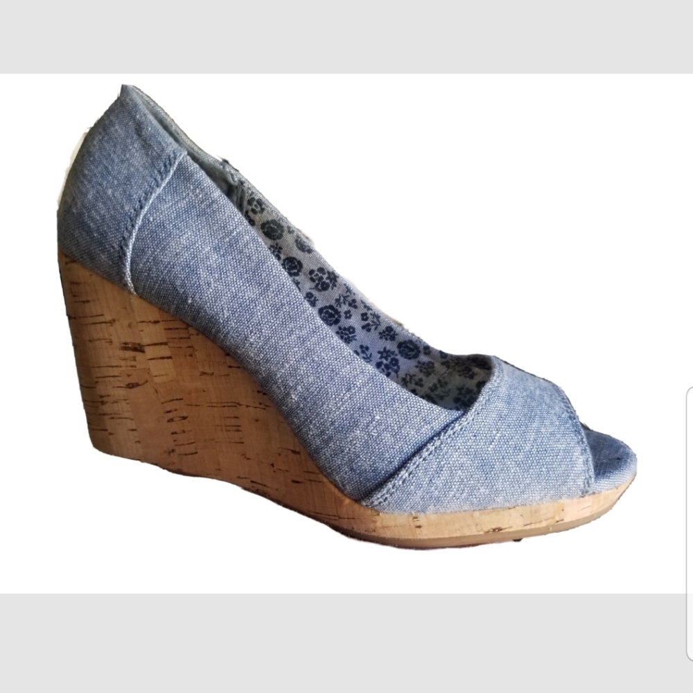 TOMS Stella Open Peep Toe Denim Chambray Blue Size 5 Cork Wedge Platform